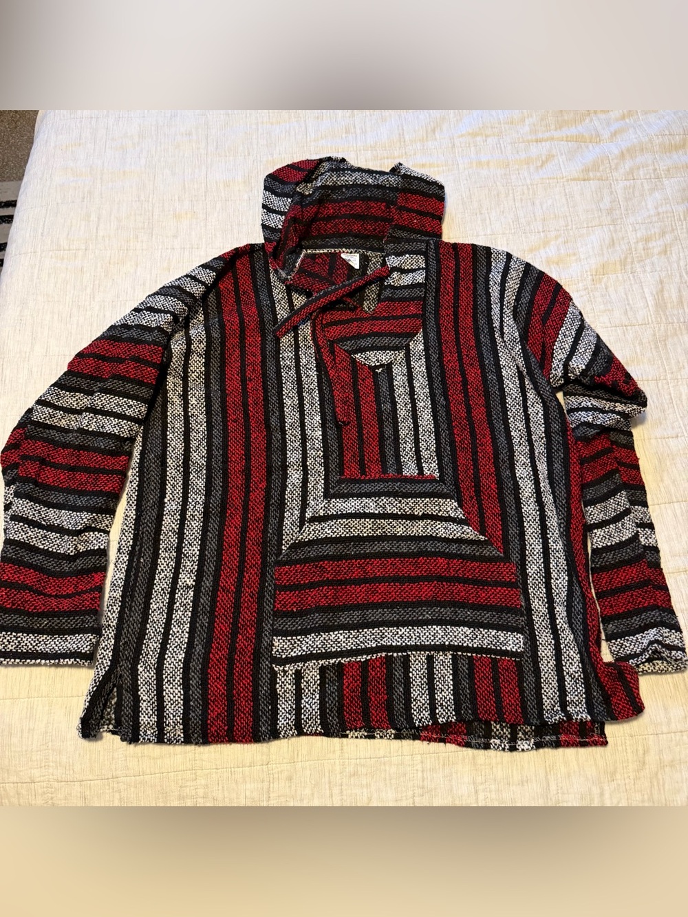 Men's Hooded Striped Baja Sweater Jacket - Red, Black & White